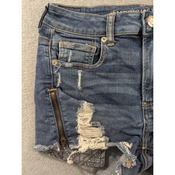 Amberican Eagle Denim Shorts Womens Size 4 Blue Cut Off Distressed Zipper Slits - Picture 2 of 16